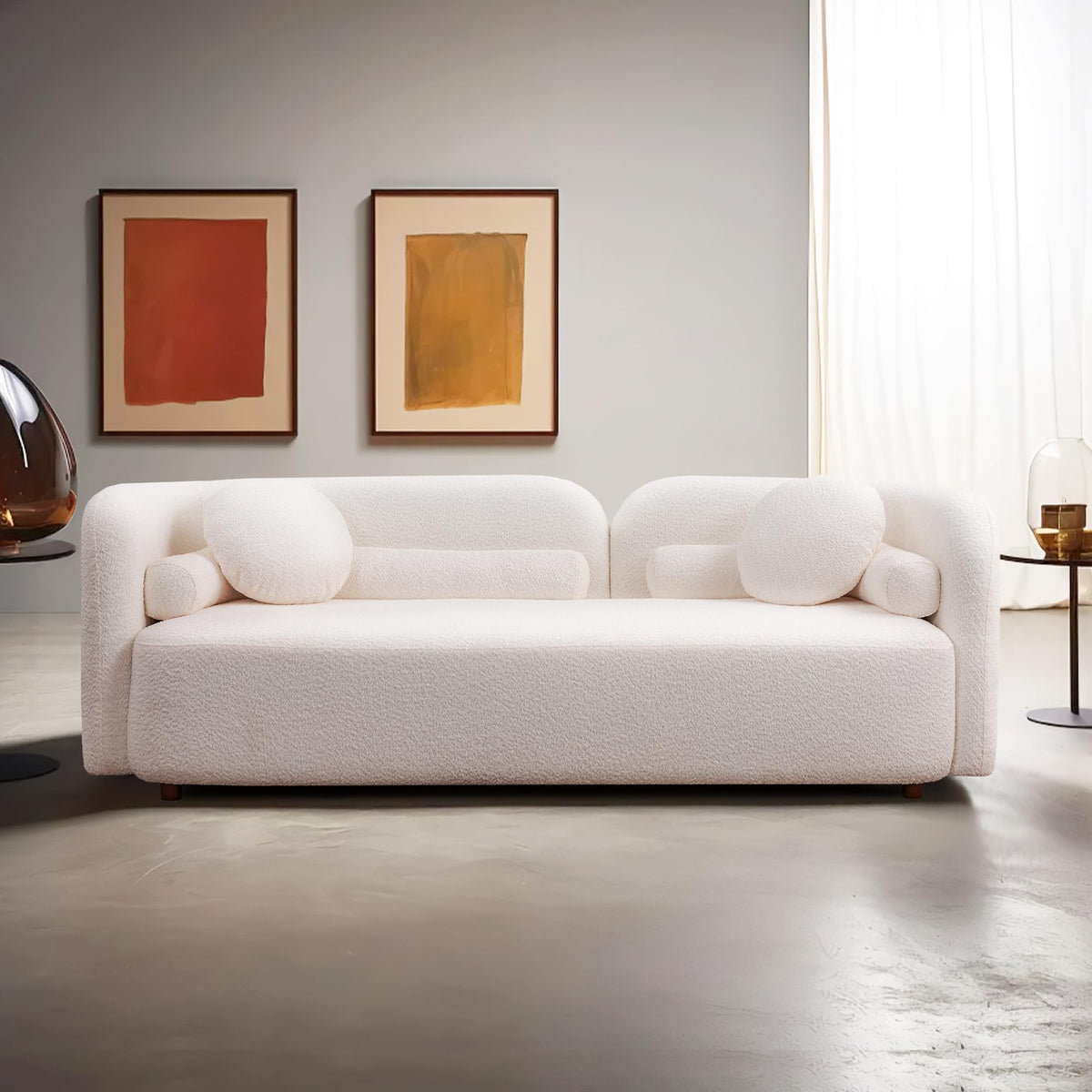 Yoglad 88.58‘’ 3-Seat Modern Curved Boucle Sofa, Cozy Thick Upholstered Teddy Loveseat, Half Moon Aesthetic Design Sherpa Couch for Small Living Room Bedroom Apartment (White)