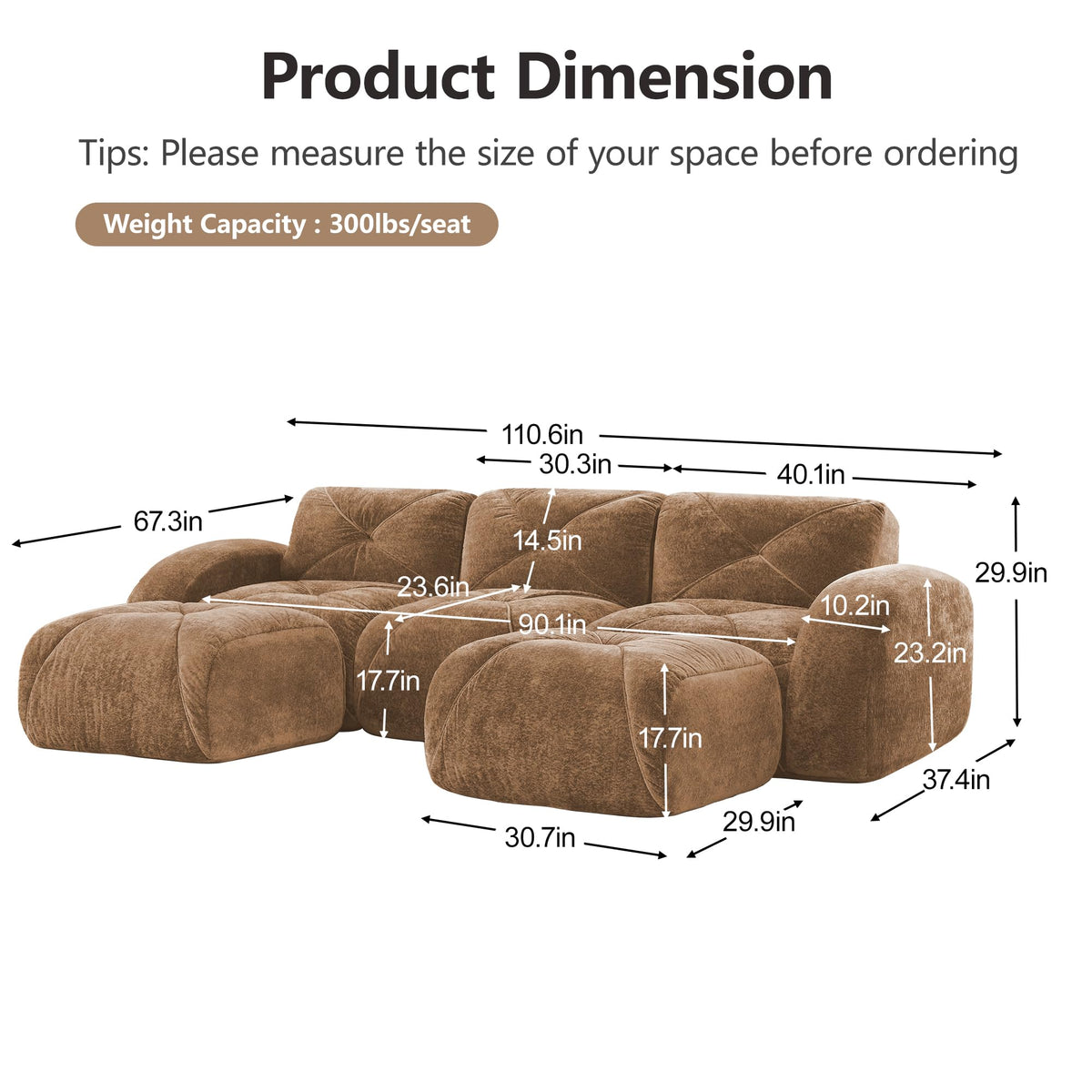 110.6" U Shaped Boneless Couch with Ottoman, Convertible Modular Sectional Cloud Sofa, Deep Seat 5 Seater Velvet Couch, 32D High Density Foam Sofas for Living Room, No Assembly Required, Camel