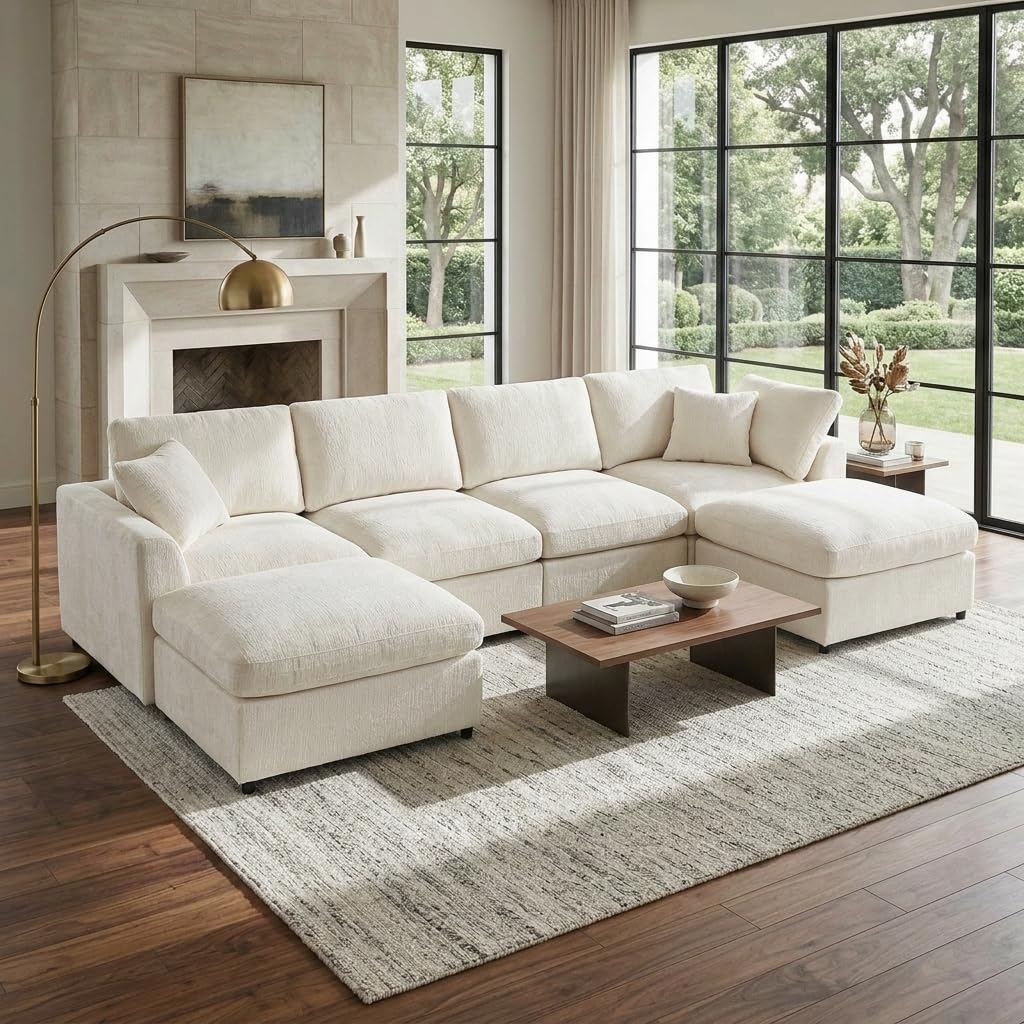 Virubi 130.3" 6-Seater Modular Sectional Sofa, Chenille Upholstered Couch with Solid Wood Frame, 2 Movable Ottomans, Includes 1 Throw Pillow, Deep Seat Modern Sofa Set for Living Room and Apartment