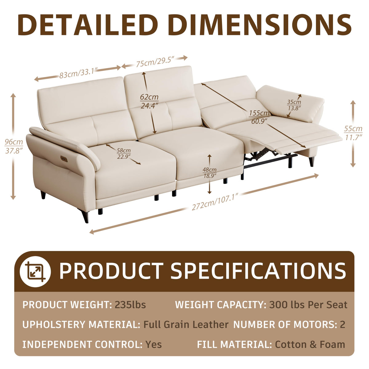 107.1''W Oversized Beige Leather Power Reclining Sofa Couch with Dual Motor