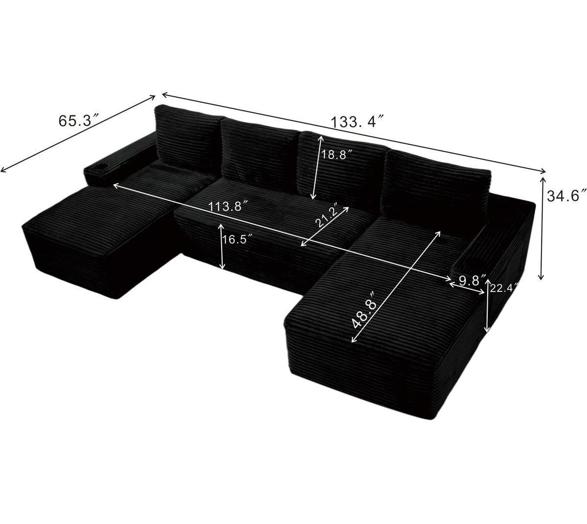 133" Oversized U-Shaped Cloud Modular Sectional Sofa Couches with Double Chaise, Corduroy Boneless Couch with Cupholders, High-Density Foam Floor Sofa for Living Room, No Assembly Required