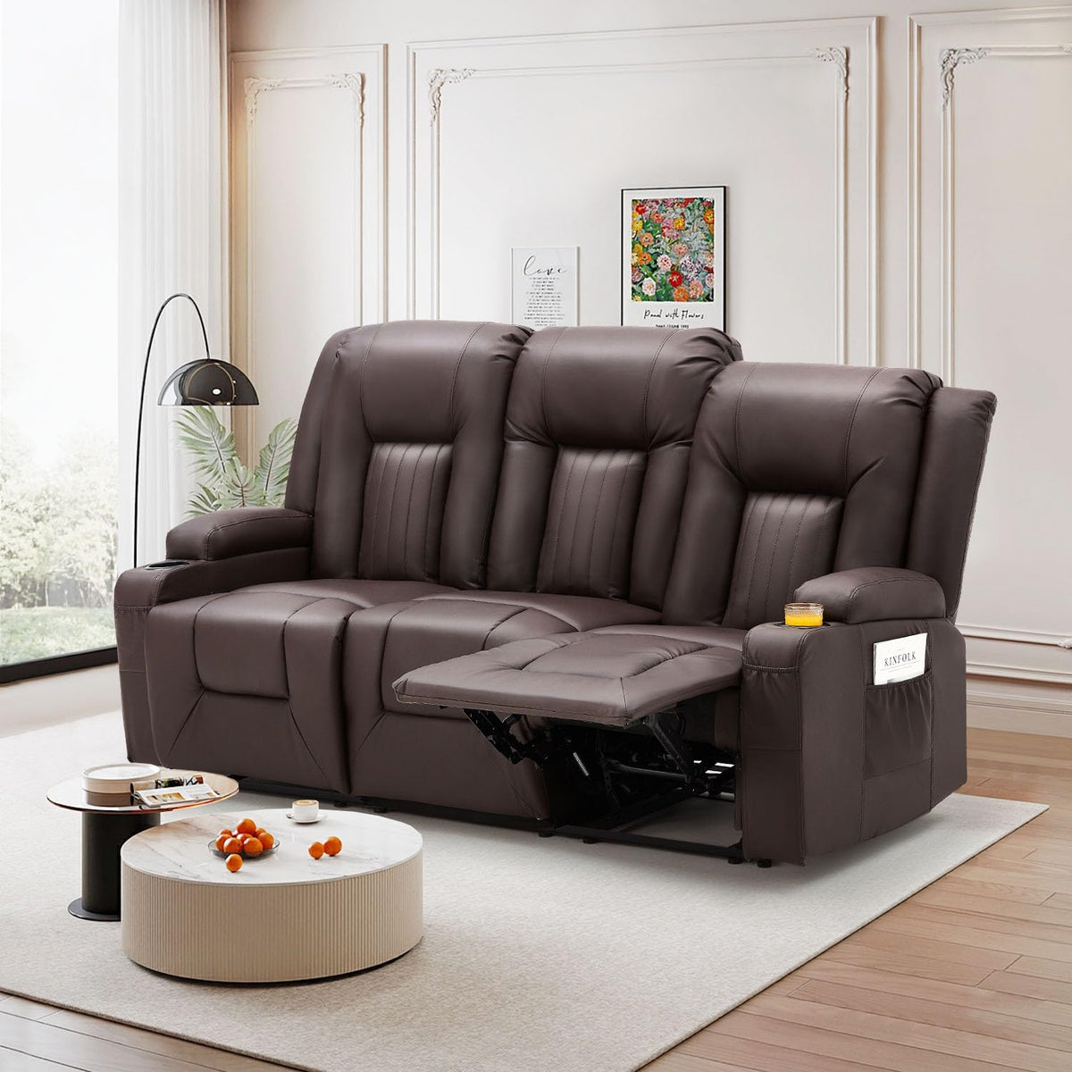 YODOLLA Reclining Loveseat Sofa with Dual Center Console, 4 Cup Holders, 2 Side Pockets, Manual Wall Hugger Recliner Couch for RV and Living Room, Faux Leather Brown
