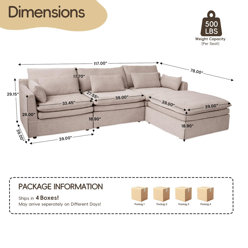 120" Cloud Couch Modular Sectional Sofa for Living Room, 3-Seater with Ottoman, Modern Sofa with Small Pillows Deep Seat L Shapedd Couch Covers Removeble Comfy Linen Khaki