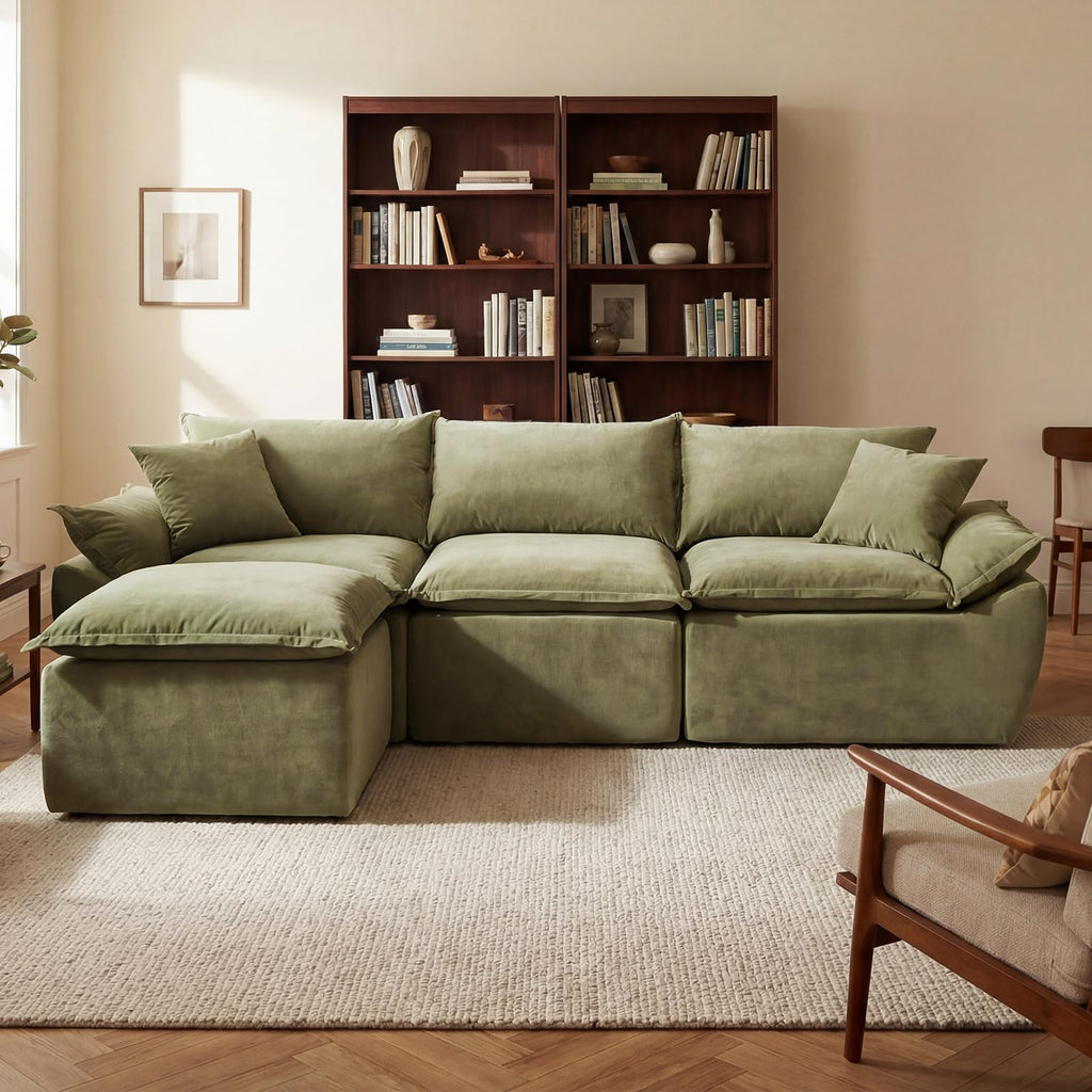 108" Modular Sectional Sofa, 3-Seater Cloud Couch with Moveable Ottoman, L-Shaped Boneless Sofa, Deep Seat Comfy Couches for Living Room Bedroom, No Assembly Required, Gray