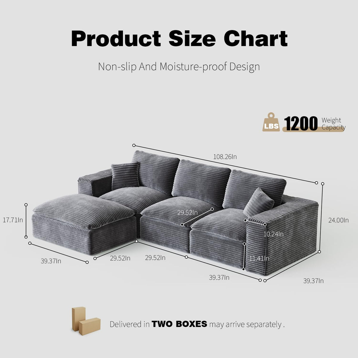 108" Cloud Sectional Couch with L Shape Chaise, Left Right Interchangeable,Modular Sofa with Deep Seat, Upholstered Couches for Living Room Bedroom,No Assembly Required, Soft Plush Corduroy Fab NV223