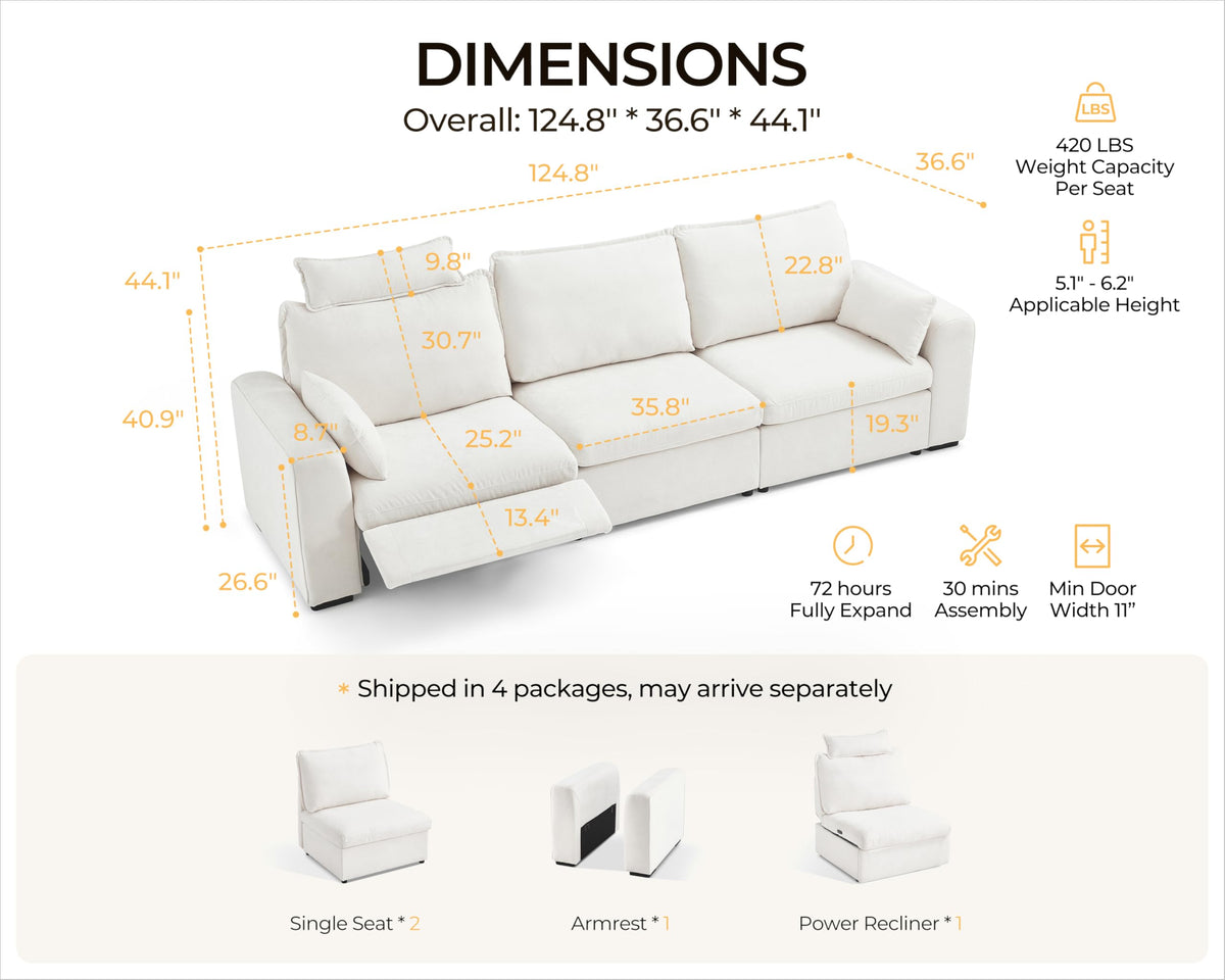125" Modular Power Reclining Sectional Sofa 3 Seater Couch, Chenille