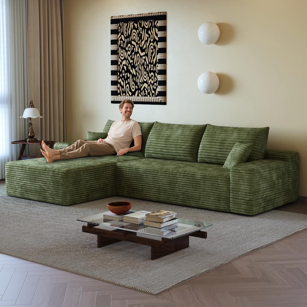 107" Cloud Sectional Sofa with 1 Ottoman,Modern Minimalist Upholstered Couches,Comfort U Shaped Sofa for Living Room,Deep Seat Corner Couch (Green)
