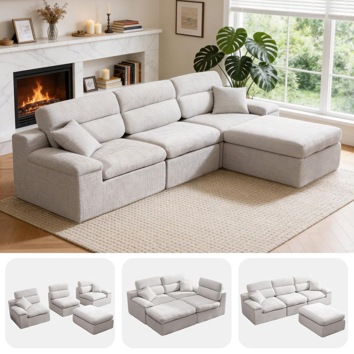110" Sectional Boneless Sofa with Ottoman, L-Shaped Couch Bed No-Assembly Modular Sofa