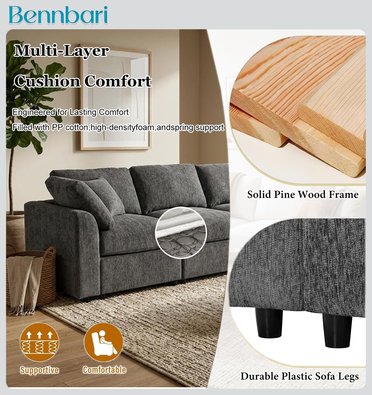 101.6 Inch Modern 3-Seater Sofa, Soft Chenille Fabric Couch with Solid Wood Frame, Layered Cushions, Deep Seat, Accent Pillow (Grey)
