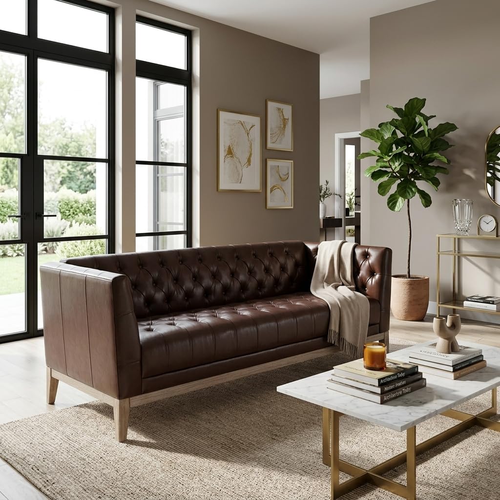 ZenithX 79.1" 3‑Seater Faux Leather Sofa, Mid‑Century Modern Chesterfield Couch with Button Tufted, PU Upholstery & Solid Pine Wood Legs, Vintage Sofa for Living Room, Apartment, Office