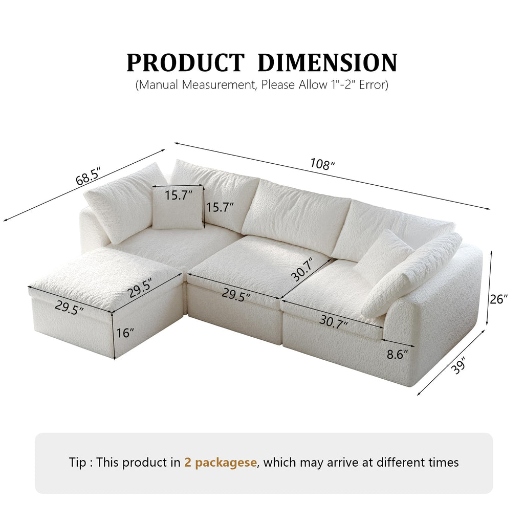 108" Modular Sectional Sofa with Movable Ottoman, No Assembly Required Boneless Cloud Couch, Deep Seat L Shaped Sectional Couches for Living Room, Bedroom and Apartment, White