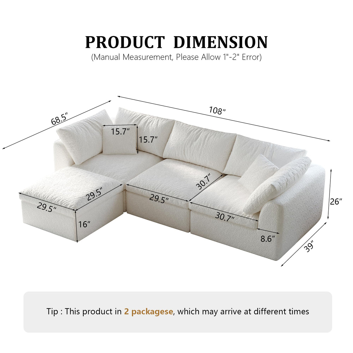 108" Modular Sectional Sofa with Movable Ottoman, No Assembly Required Boneless Cloud Couch, Deep Seat L Shaped Sectional Couches for Living Room, Bedroom and Apartment, White