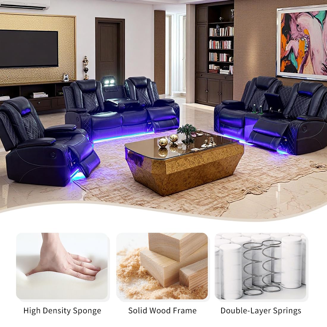 Power Recliner Sofa Set with LED Light, Black Leather Sectional Sofa and Chair Set, Living Room Furniture Sets, Modern Power Reclining Sets with Storage Console for House
