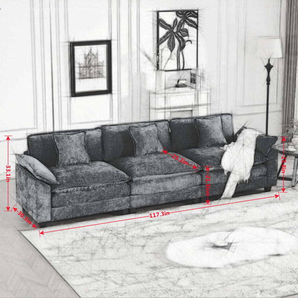 Wider Armrest 3 Seats Modern Sectional Couch Beige Chenille Cloud Couch Comfort Living Room Bedroom Apartment Comfortable Modular Sofa