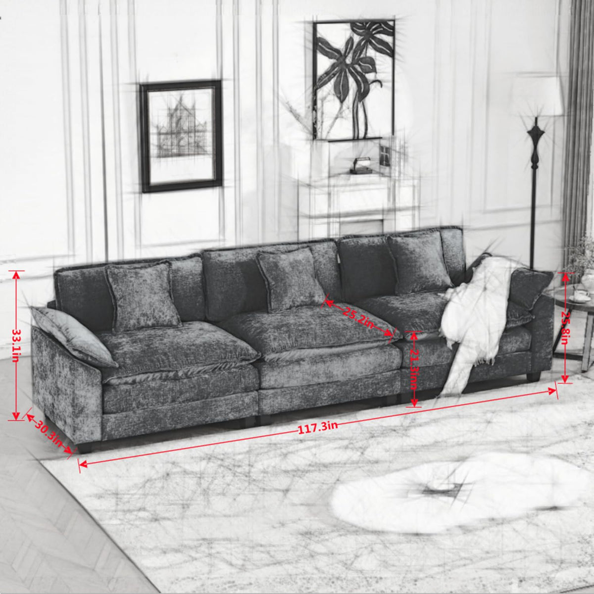 Wider Armrest 3 Seats Modern Sectional Couch Beige Chenille Cloud Couch Comfort Living Room Bedroom Apartment Comfortable Modular Sofa