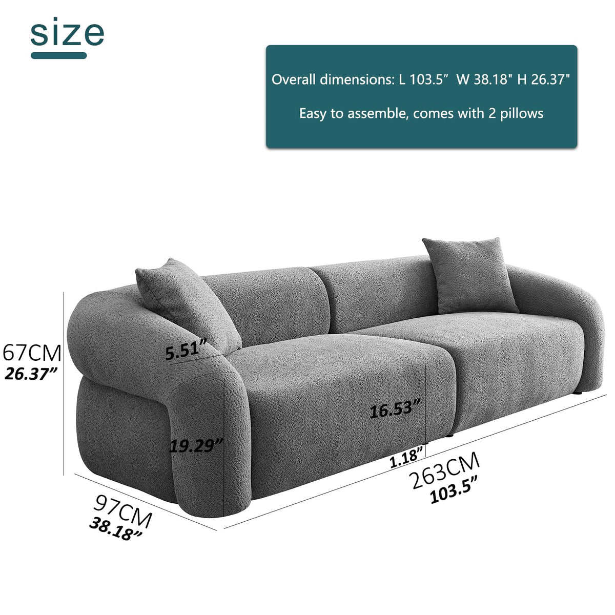103.5” Sectional Sofa, Modern 3-Seater Boucle Fabric Couch, Comfy Oversized Modular Couches for Living Room, Office, Apartment (Camel)