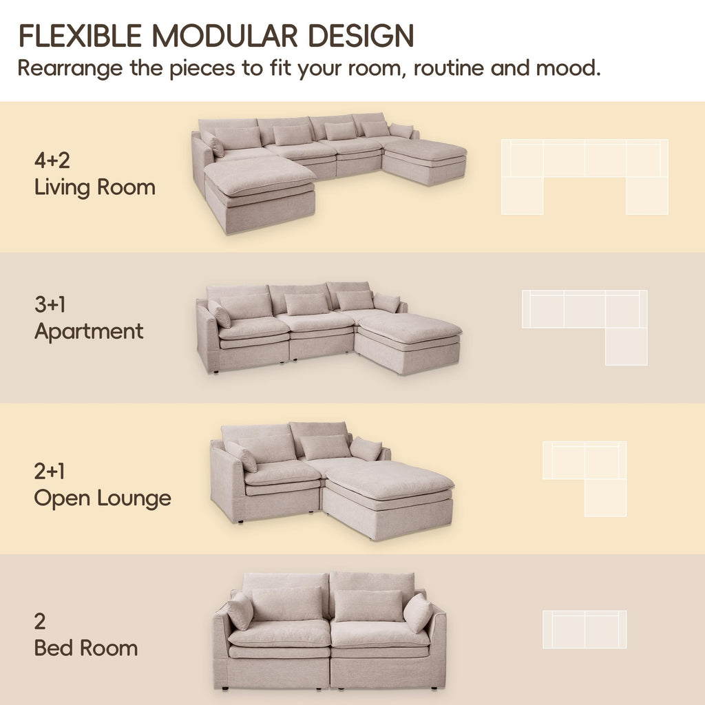 120" Cloud Couch Modular Sectional Sofa for Living Room, 3-Seater with Ottoman, Modern Sofa with Small Pillows Deep Seat L Shapedd Couch Covers Removeble Comfy Linen Khaki