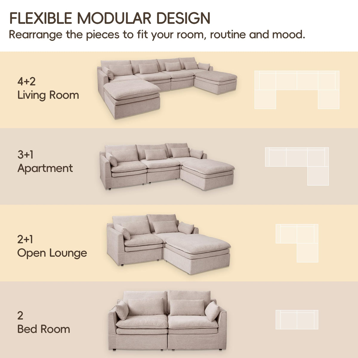 120" Cloud Couch Modular Sectional Sofa for Living Room, 3-Seater with Ottoman, Modern Sofa with Small Pillows Deep Seat L Shapedd Couch Covers Removeble Comfy Linen Khaki