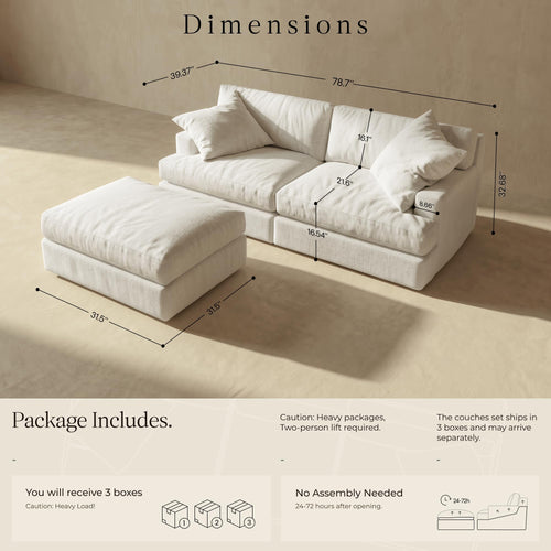 78.74" Cloud Modular Sectional Loveseat Sofa with Ottoman, Boneless Deep Seat L-Shaped Couch for Living Room, Washable Covers, Modern Minimalist 2-Seater, No Assembly, White