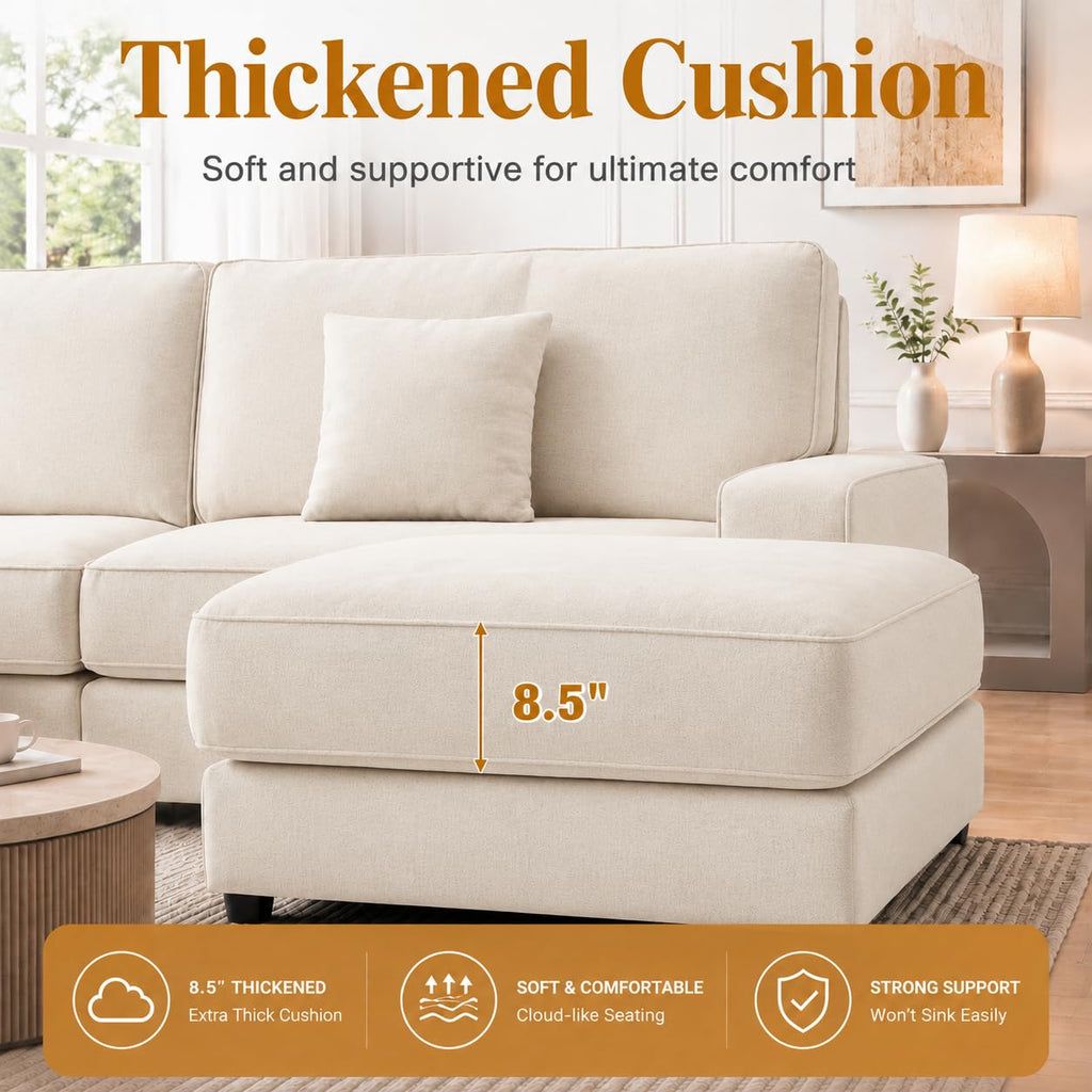 Vipbear 148" Modular Sectional U Shaped Sofa Couches,for Living Room,Oversized Cloud Couch with Movable Ottoman,Comfy Chenille Sofa with Pillow,Side Pockets,Bedroom,Apartment,Beige