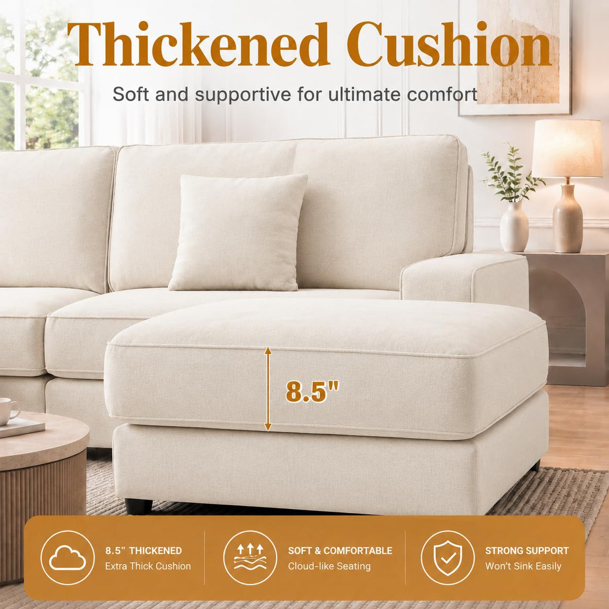 Vipbear 148" Modular Sectional U Shaped Sofa Couches,for Living Room,Oversized Cloud Couch with Movable Ottoman,Comfy Chenille Sofa with Pillow,Side Pockets,Bedroom,Apartment,Beige