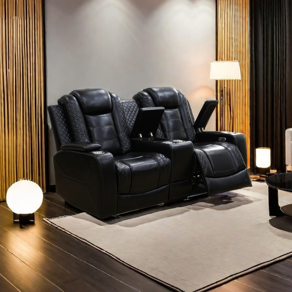 A Ainehome Power Leather Recliner Sofa Set with LED Lights, Recliner Sofa Sectional Couches for Living Room, Reclining Sofa, loveseat, Chair with USB Port/Storage Console/Cup Holder(black,3-piece set)