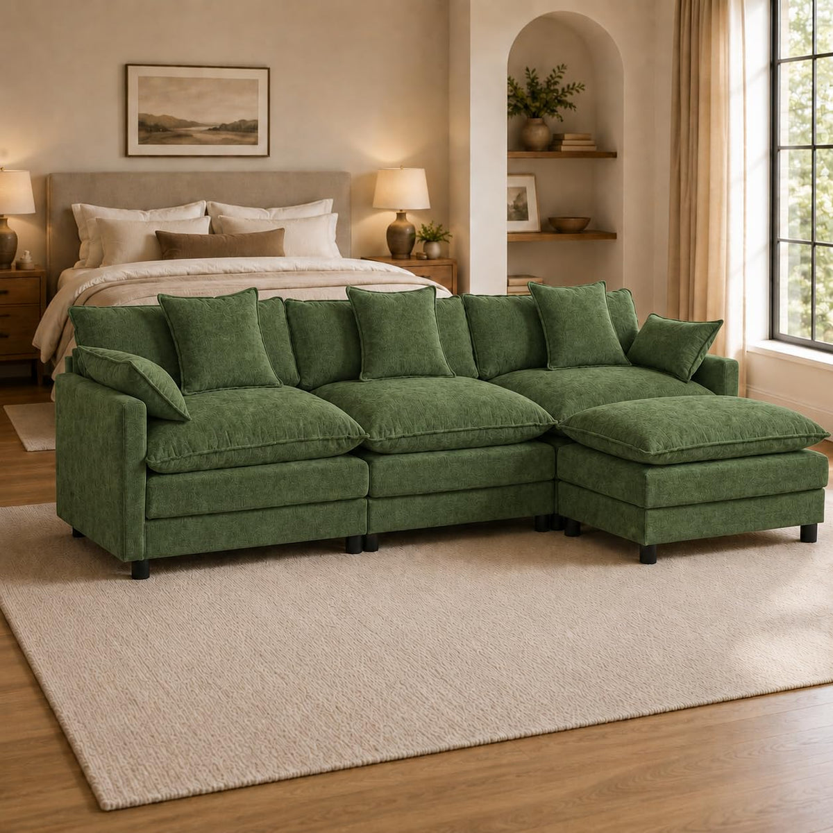 108" Modular Sectional Sofa with Ottoman, Chenille, Green