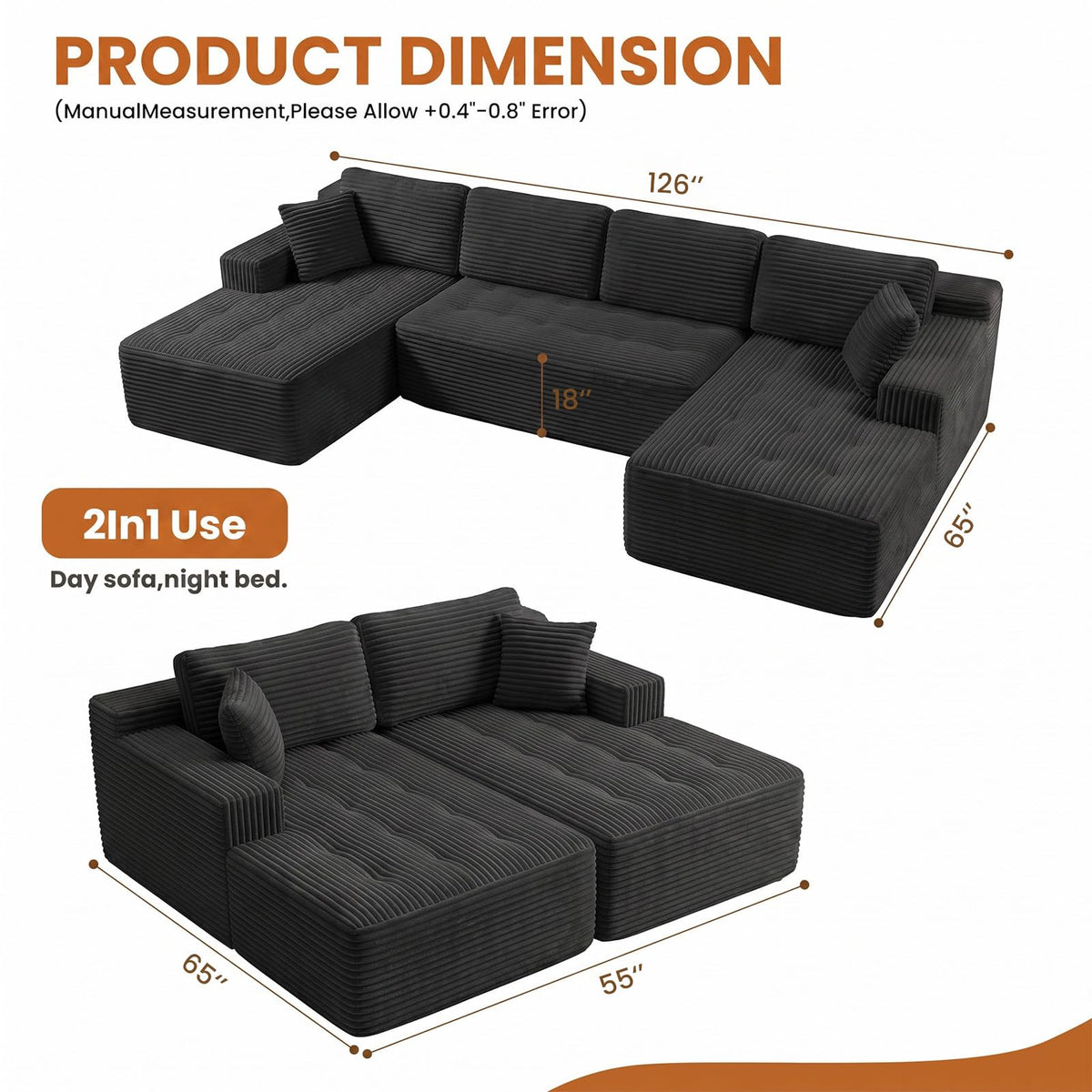 126" Oversized Cloud Boneless Couch, Modern Sofa Couch U Shaped Modular Sectional Sofa with Chaise, Premium Corduroy Fabric Boneless Couch for Living Room, No Assembly Required Black Floor Sofa