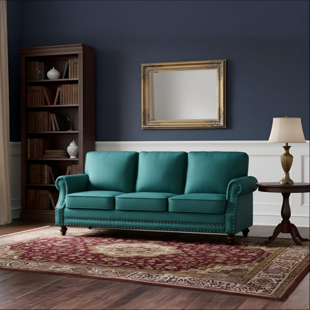 Velvet Sofa Seating with Rolled Arms and Nailhead Trim, Upholstered Living Room Couch, Loveseat or Accent Armchair with Loose Back Cushions, High Density Foam Seats (Green,Couch)