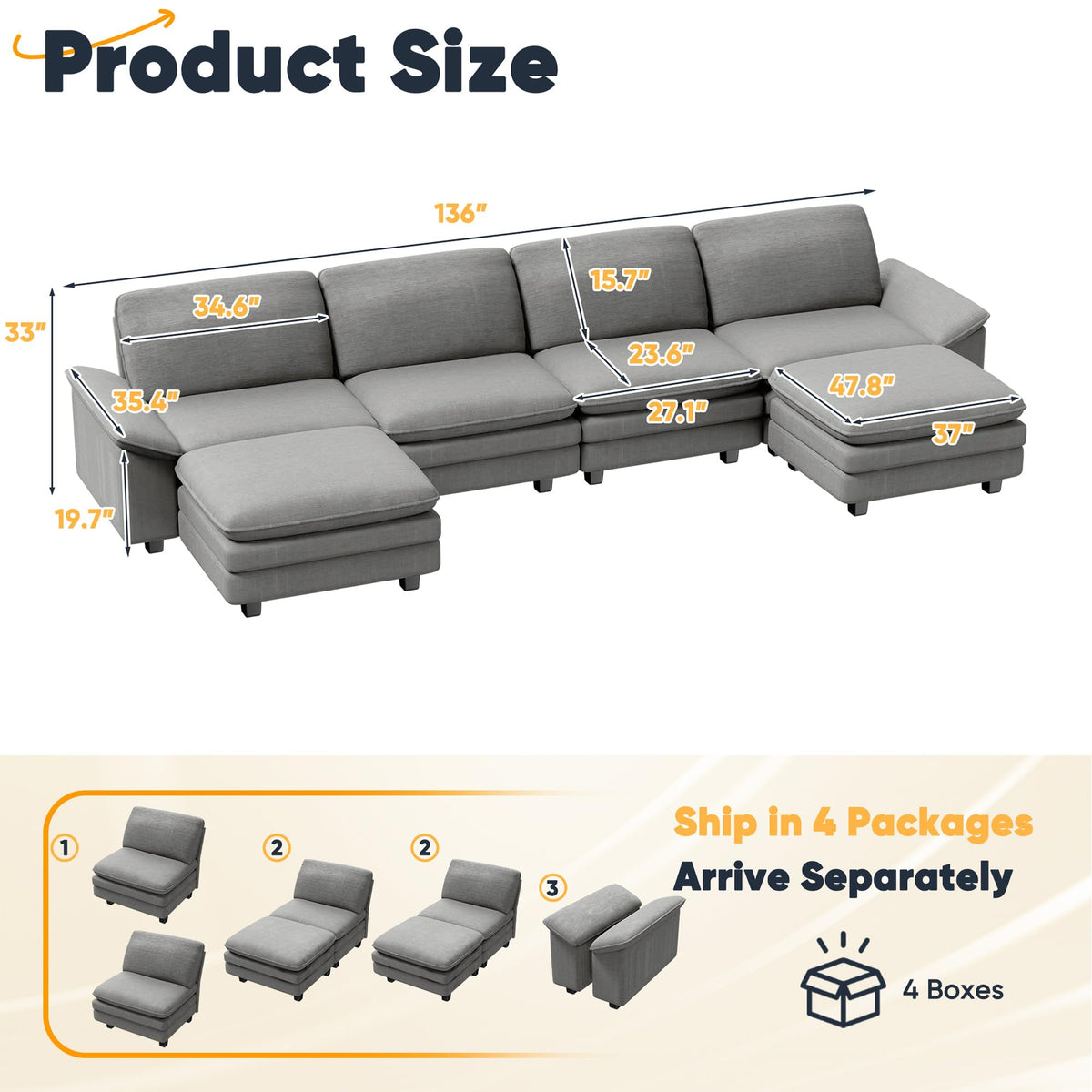 YESHOMY 4-Seat Linear Cloud Modular Sofa, Deep Seat Couch with Ottoman