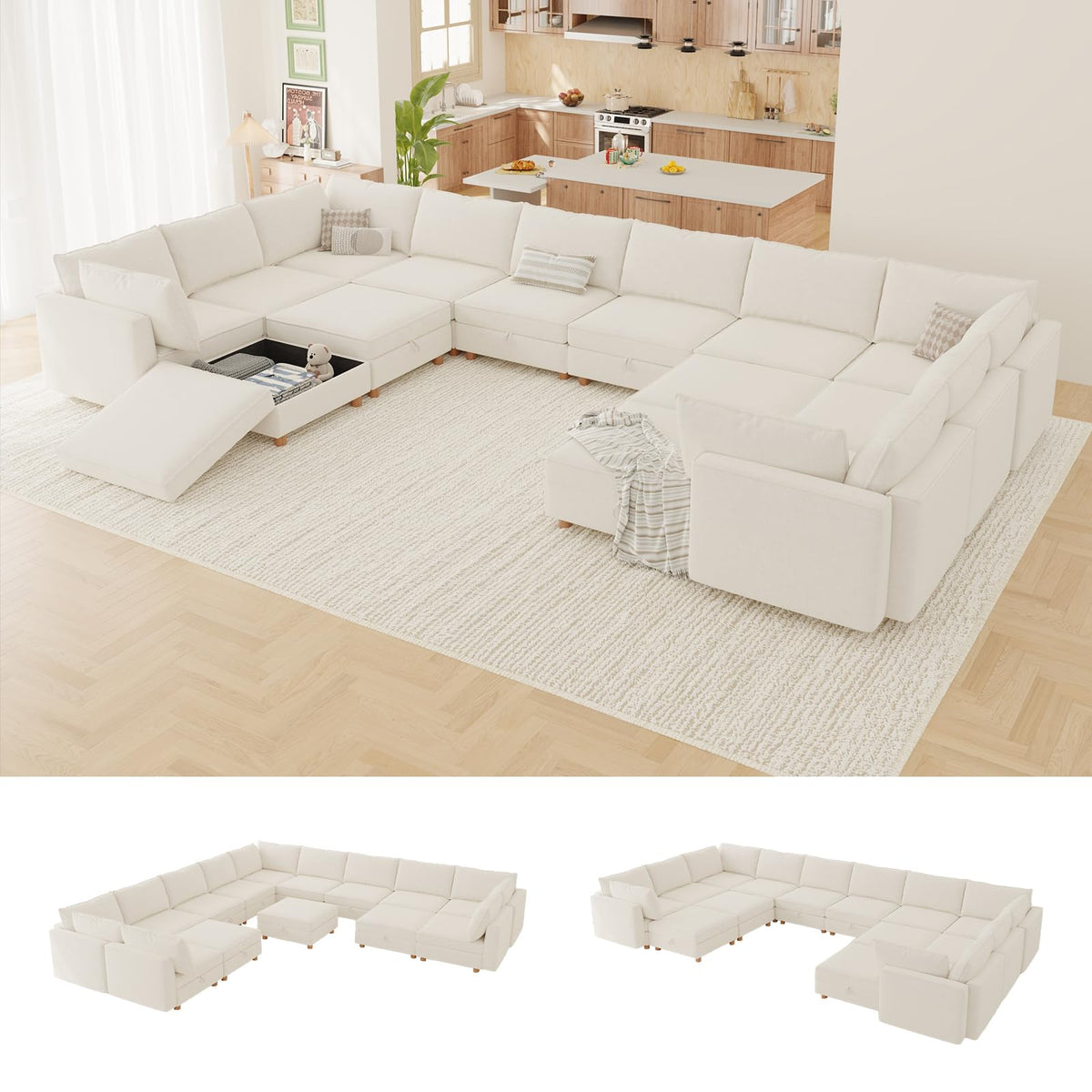 127'' Modular Sectional Sofa,FSC Certified 6 Seater Sectional Sofa,Chenille Couch with Removable Washable Covers,Modern Couch with Ottoman,U Shaped Couch with Storage,Beige Couches for Living Room