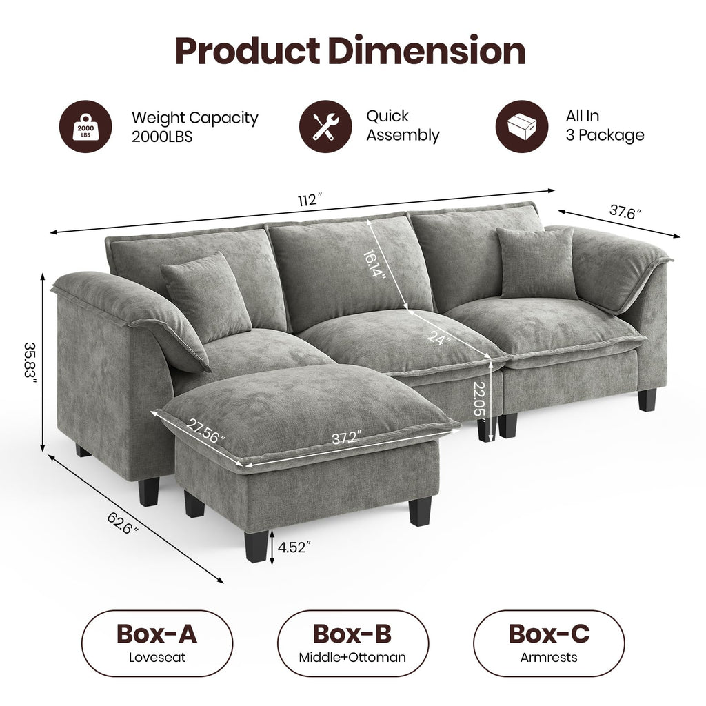 112'' Modular Sectional Sofa with Ottoman, 3-Seat Chenille L-Shaped Couch with Washable Cushion Covers, Curved Padded Armrests, Comfy Upholstered Sofa for Living Room, Gray