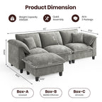 112'' Modular Sectional Sofa with Ottoman, 3-Seat Chenille L-Shaped Couch with Washable Cushion Covers, Curved Padded Armrests, Comfy Upholstered Sofa for Living Room, Gray