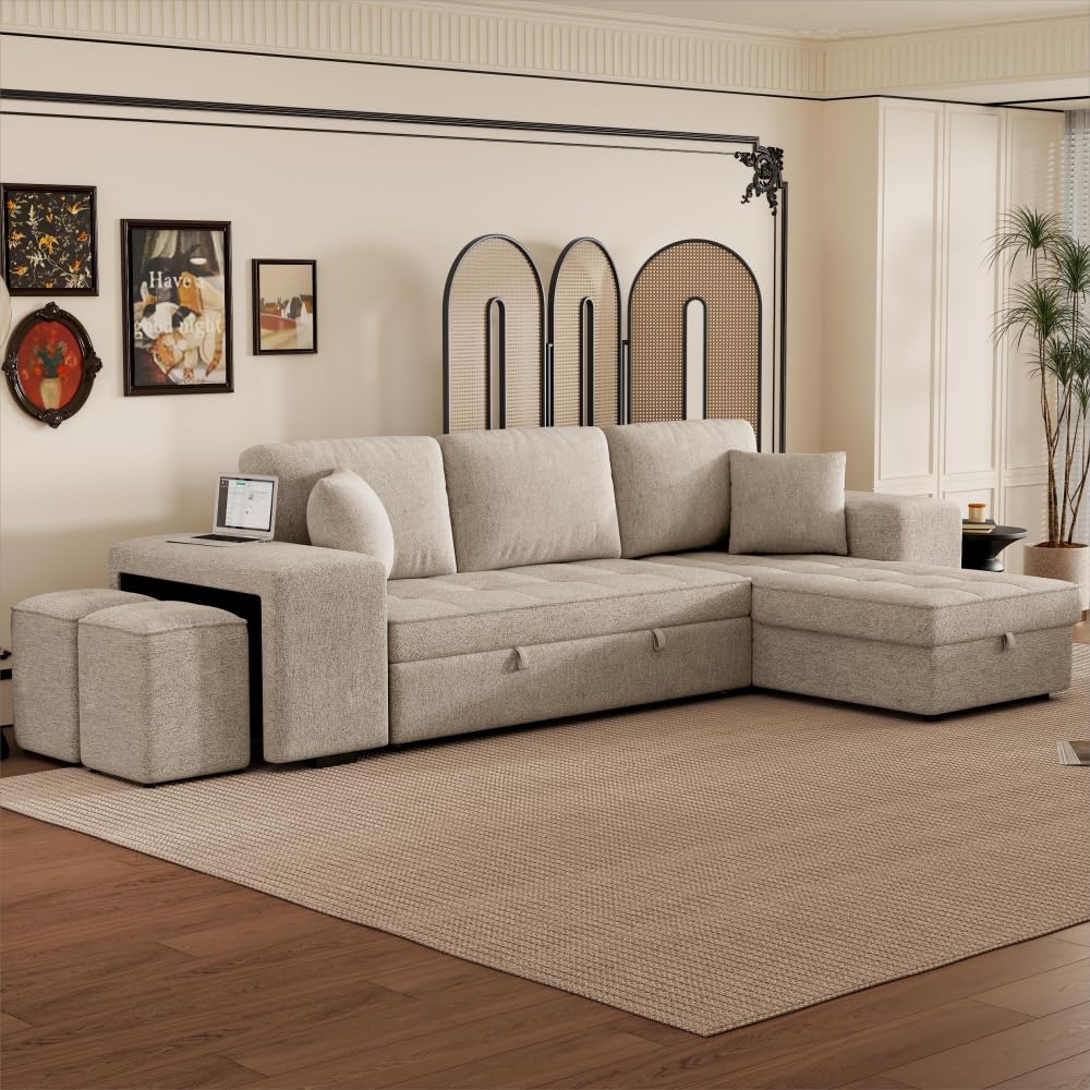104.5 Inch Modern L-Shaped Reversible Sectional Sofa with Storage Chaise Lounge and Sleeper Bed Function for Living Room (Cream + Chenille + 3 Seat + Foam)