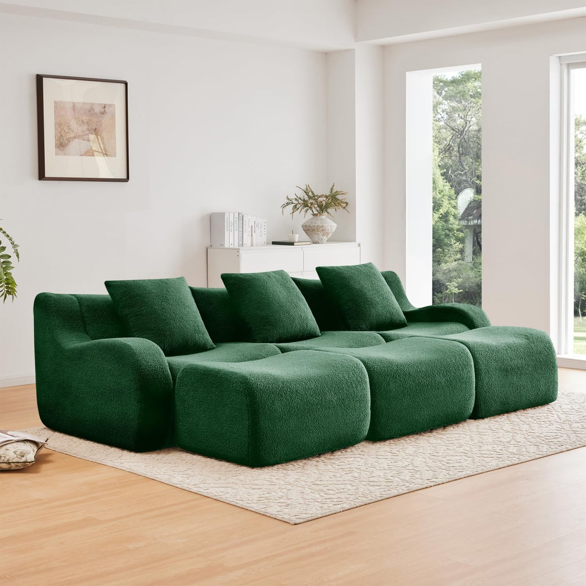 Three-Seat Boneless Sofa Teddy Fabric Green Modular Sectional Living Rooms Media Cozy