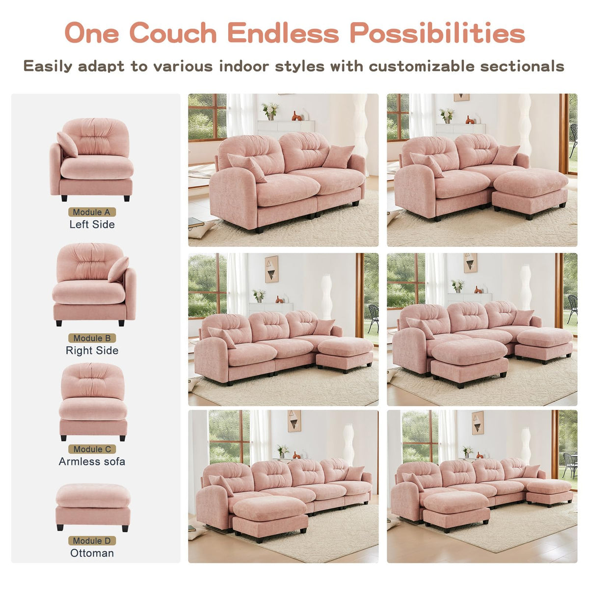 107" L Shaped Couch, Chenille Upholstered Modular Sectional Sofa, 3 Seater Deep Seat Sofa with Movable Ottoman, Modern Cloud Couch with Thick Seat Cushion, Sectional Couches for Living Room, Pink