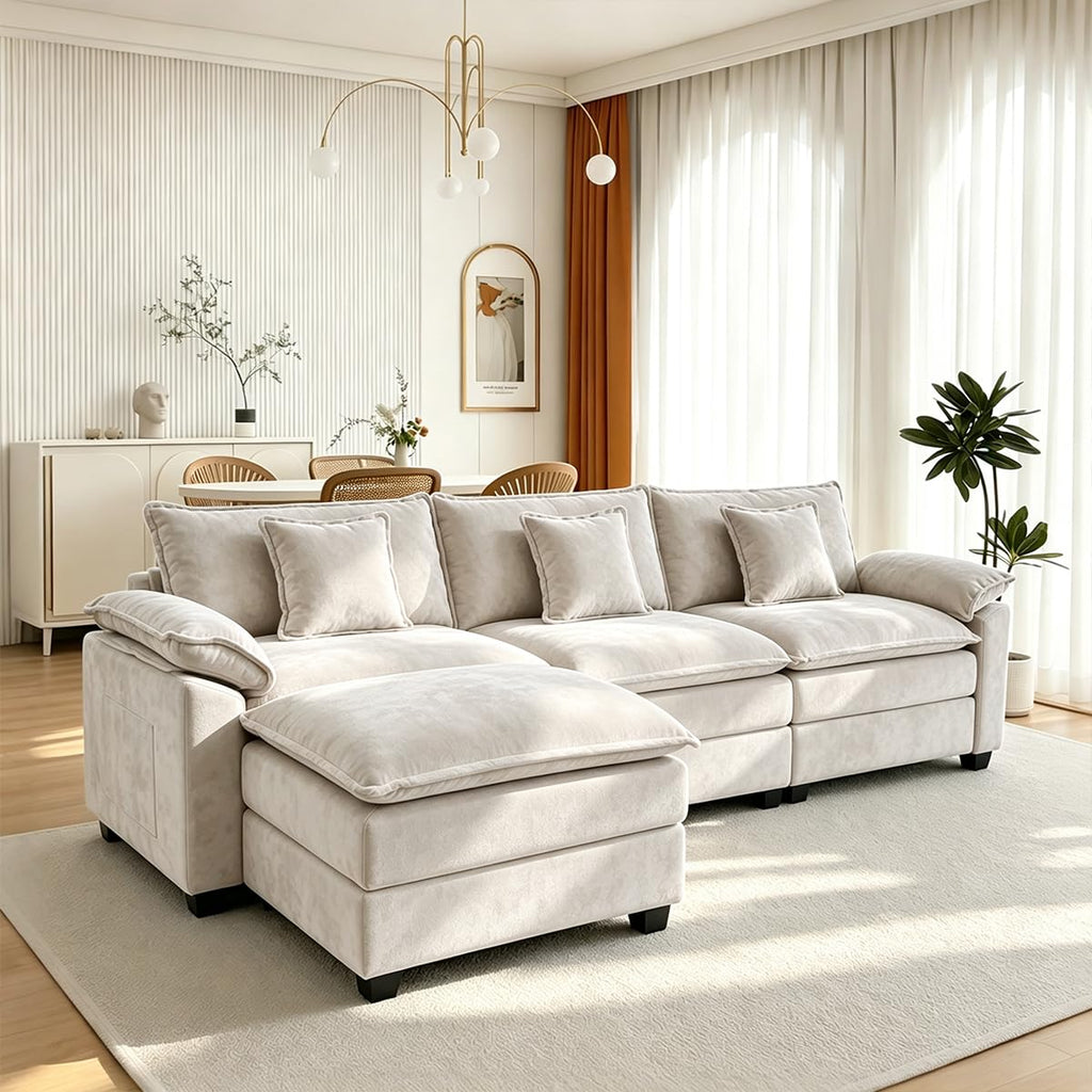 119" Cloud Couch Sectional, L Shaped Modular Sectional Sofa for Living Room, 3 Seater Sofa with 3 Removable Washable Pillows and 1 Ottoman, Light Gray