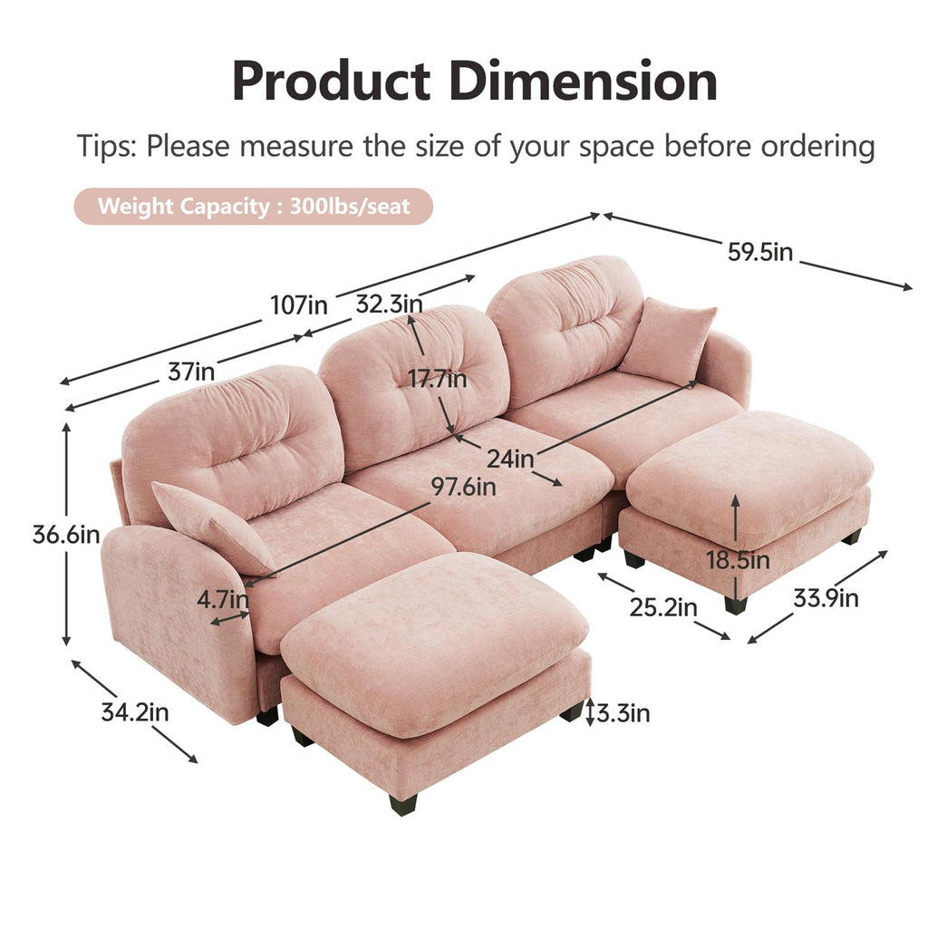 107" L Shaped Couch, Chenille Upholstered Modular Sectional Sofa, 3 Seater Deep Seat Sofa with Movable Ottoman, Modern Cloud Couch with Thick Seat Cushion, Sectional Couches for Living Room, Pink