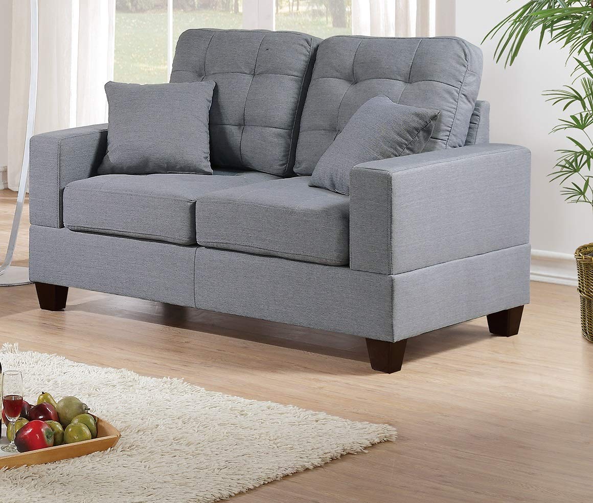 Tidyard 2pc Sofa Set Grey Polyfiber Tufted Couch with Pillows, Includes Sofa and Loveseat, Modern Living Room Furniture with Solid Wood Legs, Plush Cushion, Accent Tufting