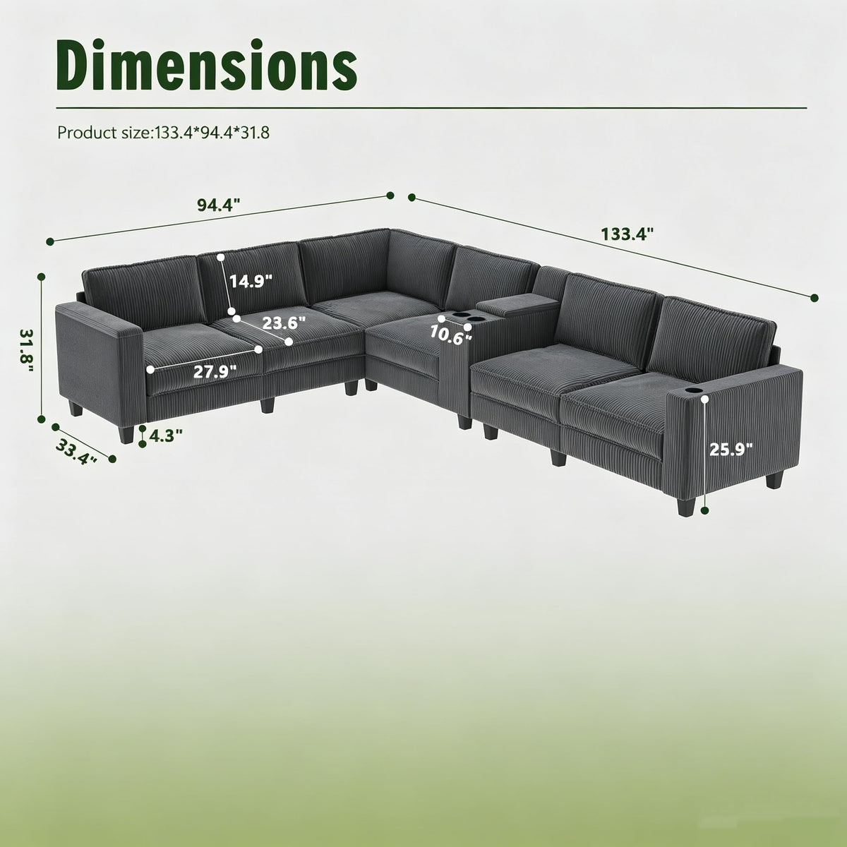 133.4'' X 94.4'' L-Shaped 6-Seater Corduroy Sofa, Large Storage Armrests with Center Console, USB Charging Left and Right Seats Can Be Switched
