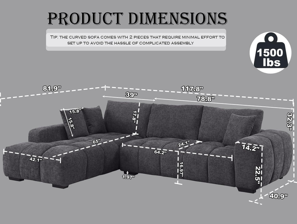 118-Inch Luxury Curved Sofa Modern Sectional Couch for Living Room Oversized L-Shaped Comfort Chenille Cloud Couch with Deep Seating for Family Gatherings,Daily Usage (Gray,Left Facing)