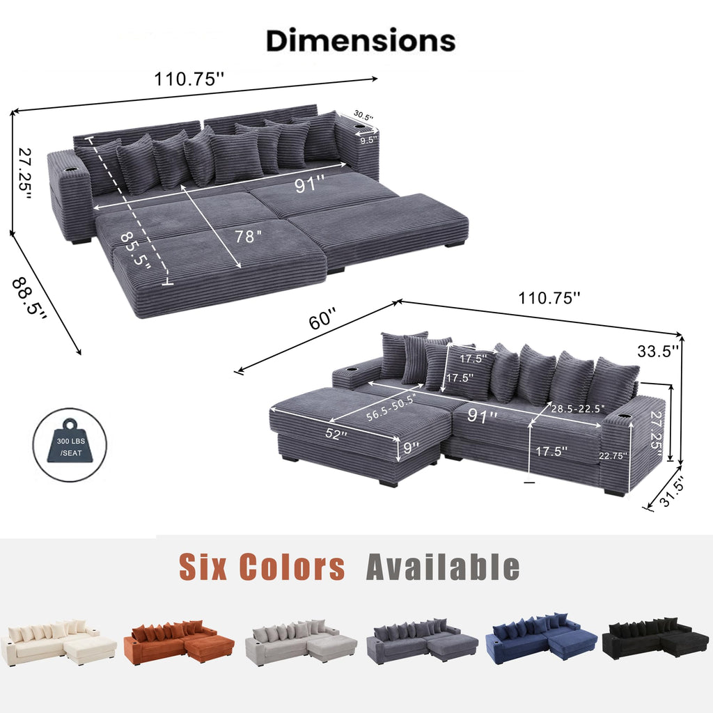 110.75" Modular L Shaped Sofa, Corduroy Fabric Sectional Couch,with a Movable Footstool, Cup Holders,Bring 8 Throw Pillows,Side Pocket,Unfold into a Bed,Dark Gray JZ993