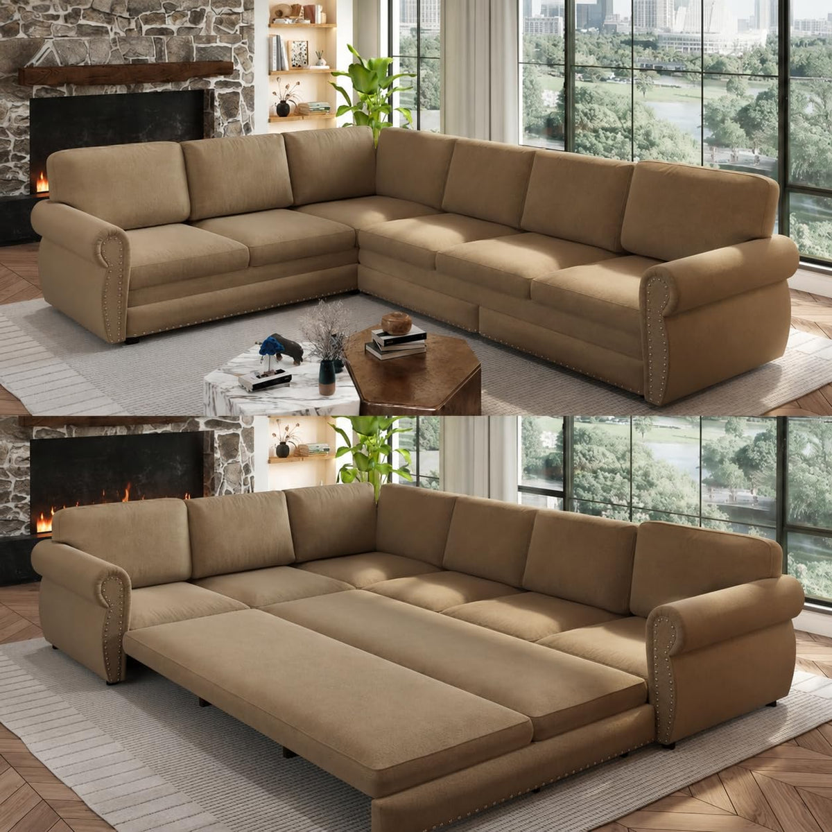 118" Sectional Sleeper Sofa with Pull Out Bed Chenille 6 Seater Couch