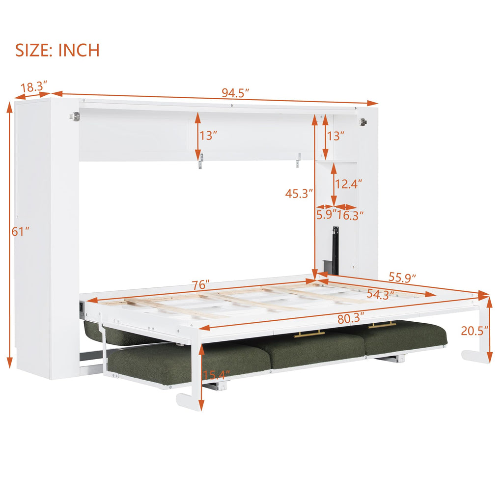 Wood Murphy Bed with Sofa, 4 Storage Shelves and USB Charging Station