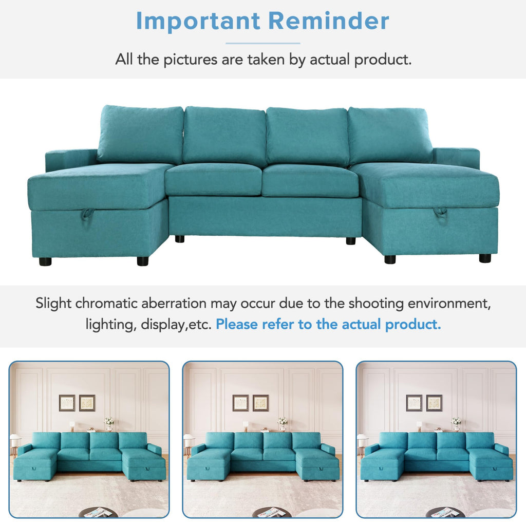 103.9" Sectional Sofa Convertible Sectional Sofa U Shaped Sofa with Two Storage Chaise Lounges and Four USB Ports for Living Room, Teal