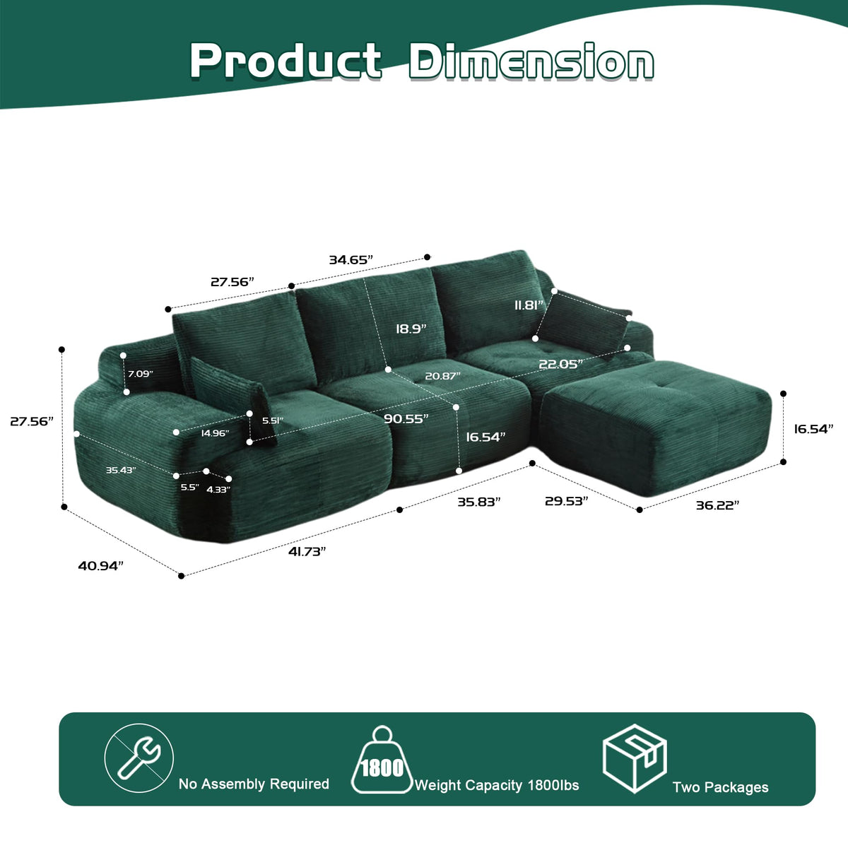 Tidyard Foam Sectional Sofa, Pet-Friendly Corduroy Fabric, No Assembly Required, Extra Deep Loveseat for Living Room, Green