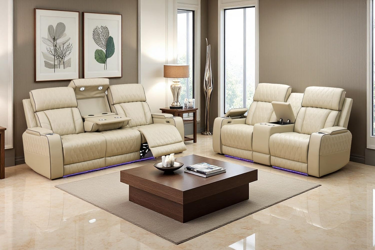 A Ainehome Power Leather Recliner Sofa Set with LED Lights, Recliner Sofa Sectional Couches for Living Room, Reclining Sofa, loveseat, Chair with USB Port/Storage Console/Cup Holder(black,3-piece set)