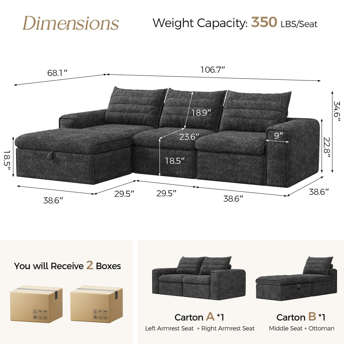 106.7" Modular Sectional Sofa with Deep Seat, L Shaped Cloud Couch for Living Room, 3-Seater Modern Boneless Sofa with Movable Ottomans, Removable Cover, No Assembly Required, Dark Gray