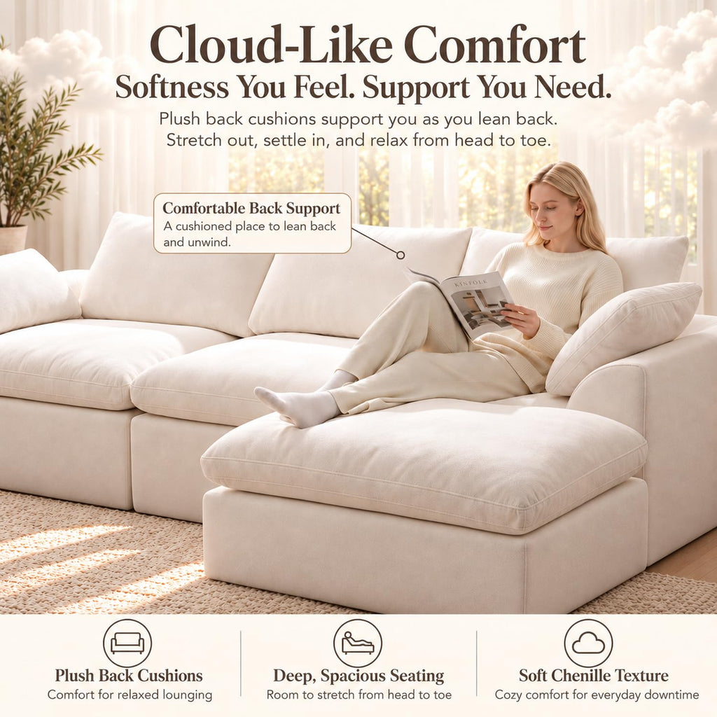 108" Boneless Cloud Couch, Modular L-Shaped Sectional with Ottoman, Beige
