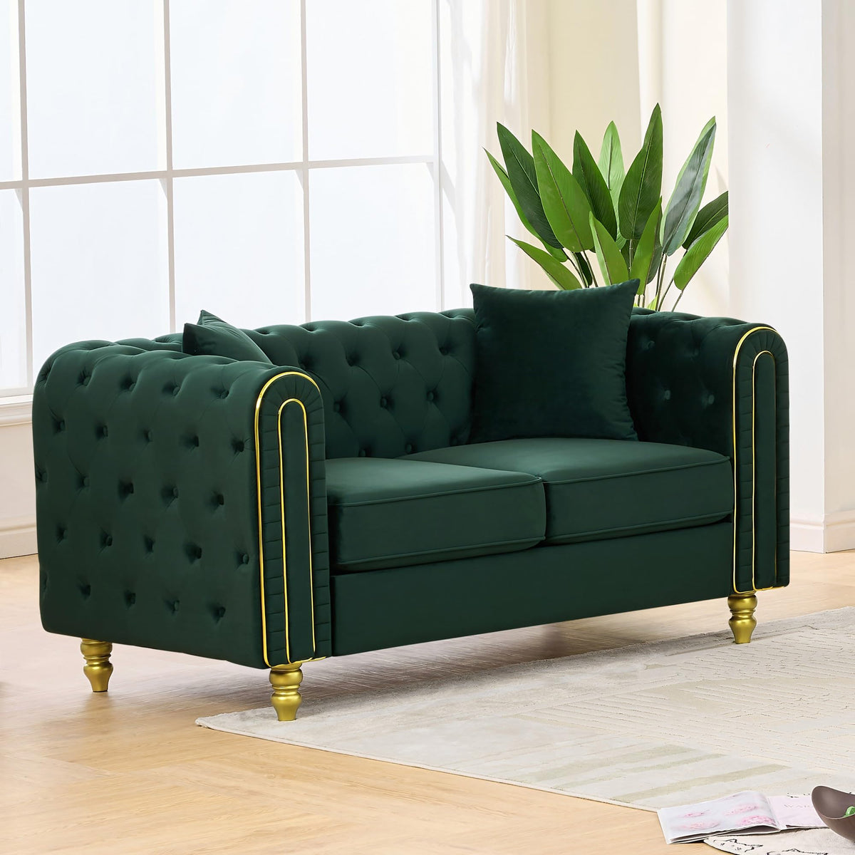 Velvet Chesterfield Sofa Set of 2, Mid Century Modern Deep Seat Loveseat + 3 Seater Couch with Golden Legs and Button Tufted, Upholstered Comfy Sofa with 2 Pillows for Living Room, Black Gold